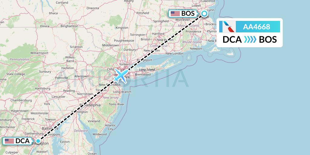 AA4668 American Airlines Flight Map: Washington to Boston