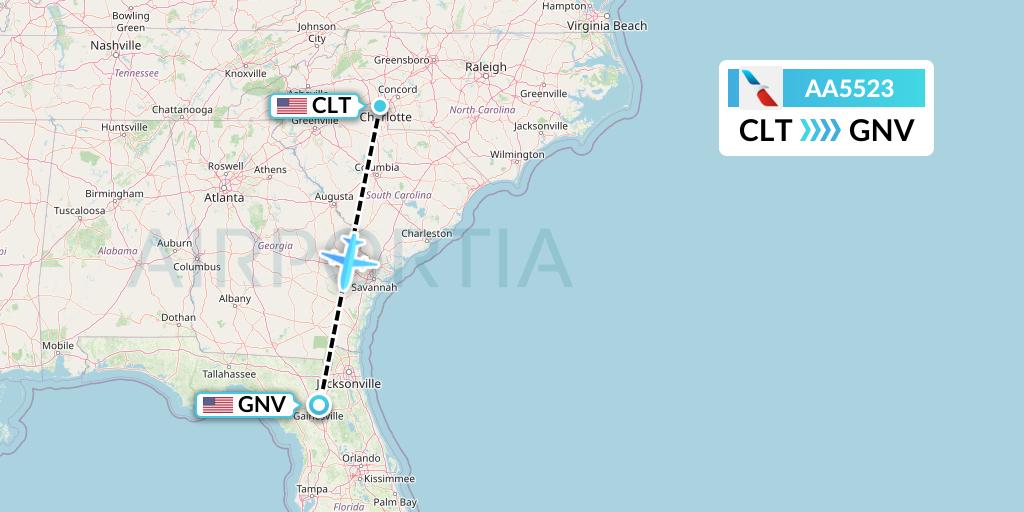 AA5523 American Airlines Flight Map: Charlotte to Gainesville