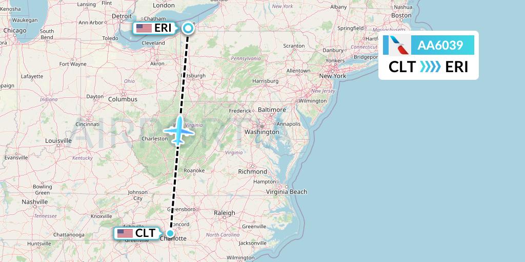 AA6039 American Airlines Flight Map: Charlotte to Erie