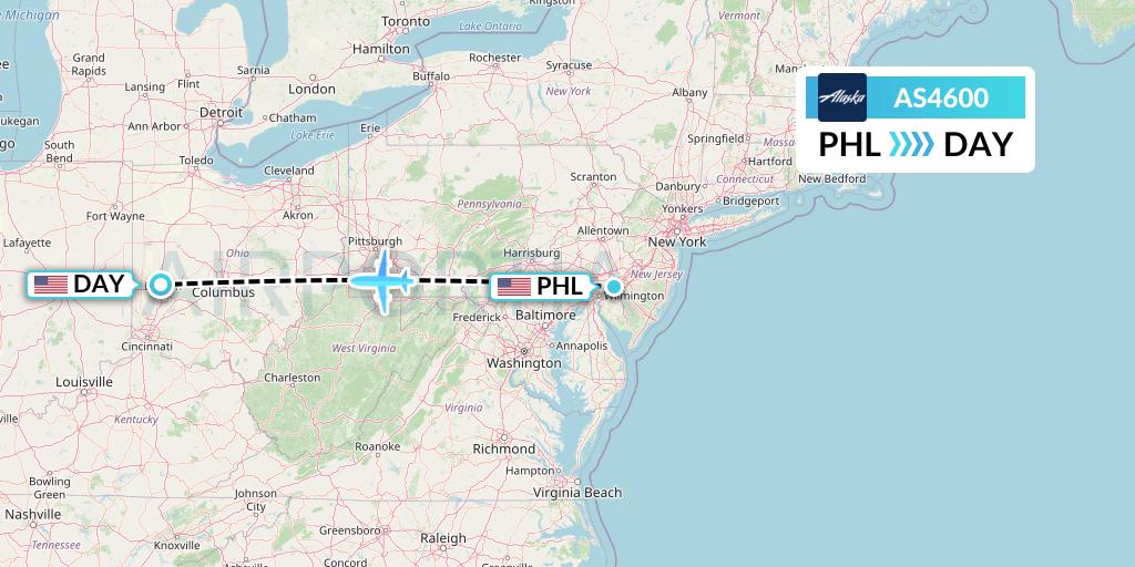AS4600 Alaska Airlines Flight Map: Philadelphia to Dayton