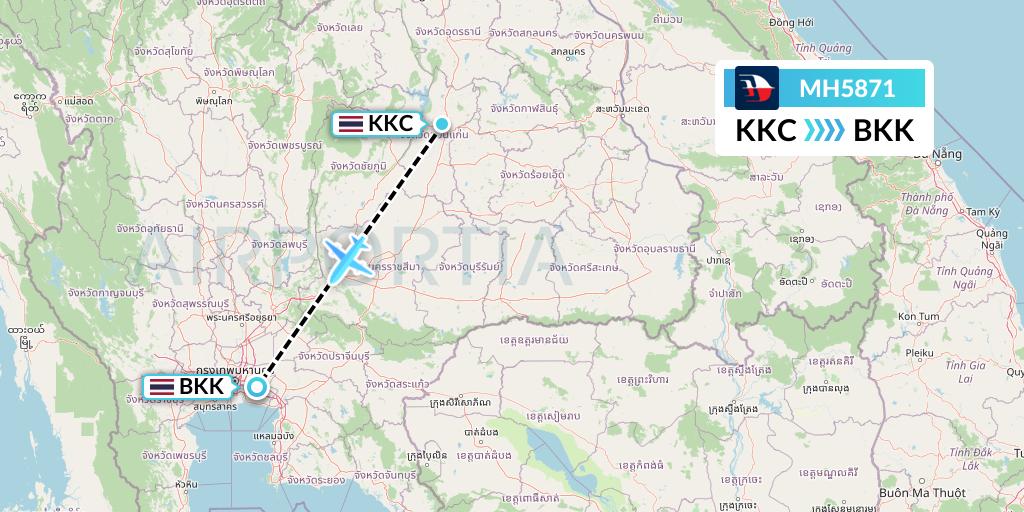 MH5871 Malaysia Airlines Flight Map: Khon Kaen to Bangkok