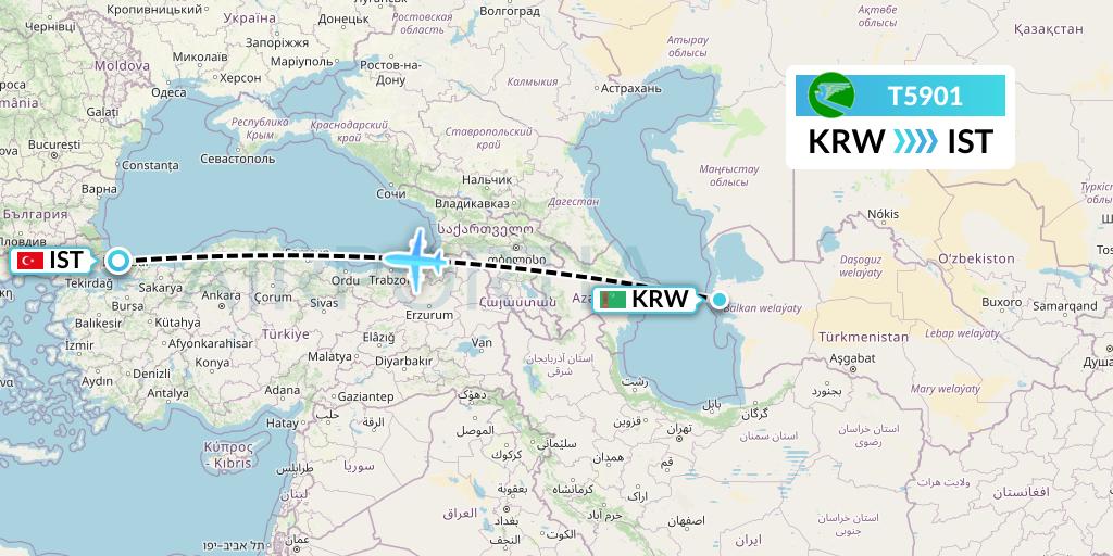 T5901 Turkmenistan Airlines Flight Map: Turkmenbashi to Istanbul