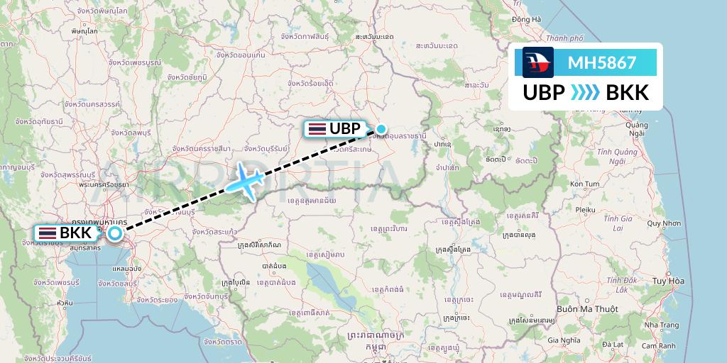 MH5867 Malaysia Airlines Flight Map: Ubon Ratchathani to Bangkok