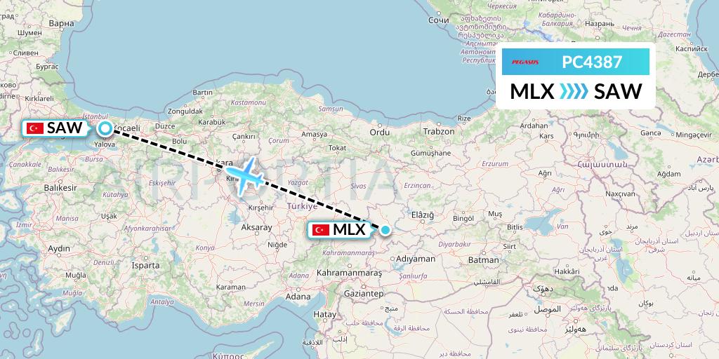 PC4387 Pegasus Airlines Flight Map: Malatya to Istanbul