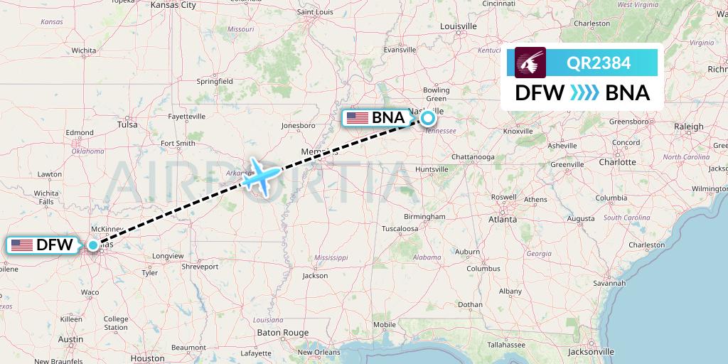 QR2384 Qatar Airways Flight Map: Dallas to Nashville