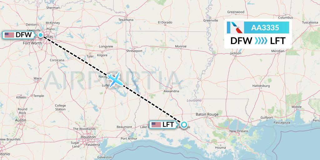 AA3335 American Airlines Flight Map: Dallas to Lafayette