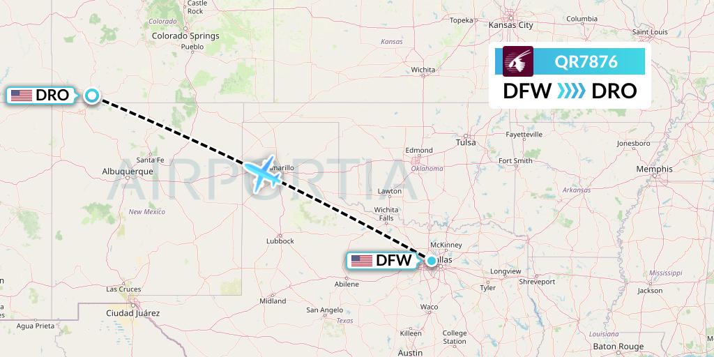 QR7876 Qatar Airways Flight Map: Dallas to Durango