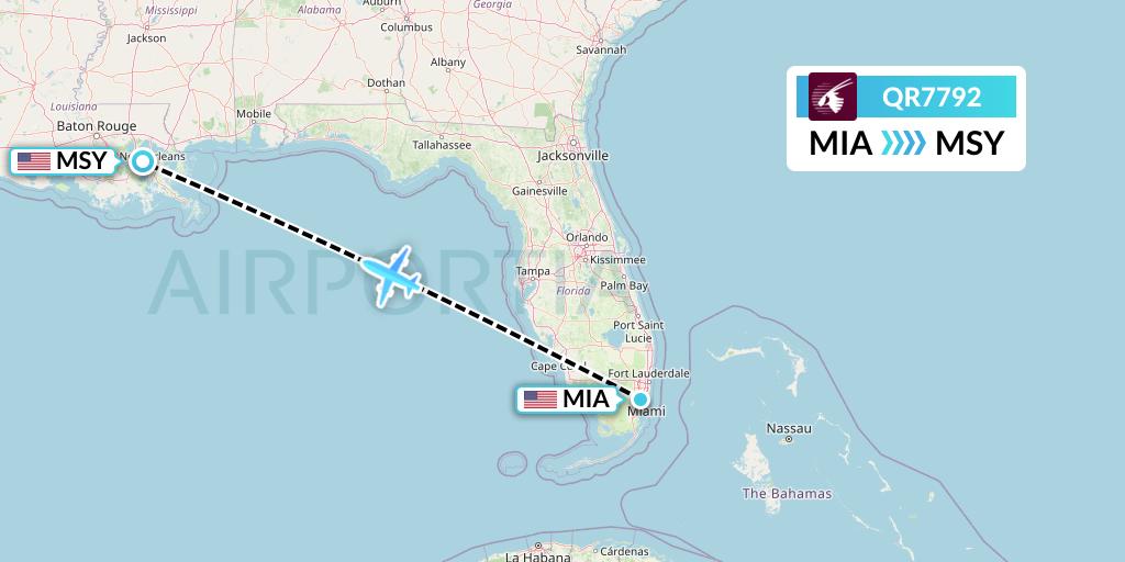 QR7792 Qatar Airways Flight Map: Miami to New Orleans