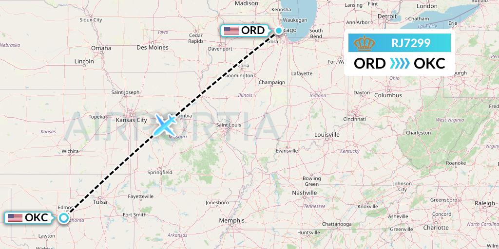RJ7299 Royal Jordanian Flight Map: Chicago to Oklahoma City