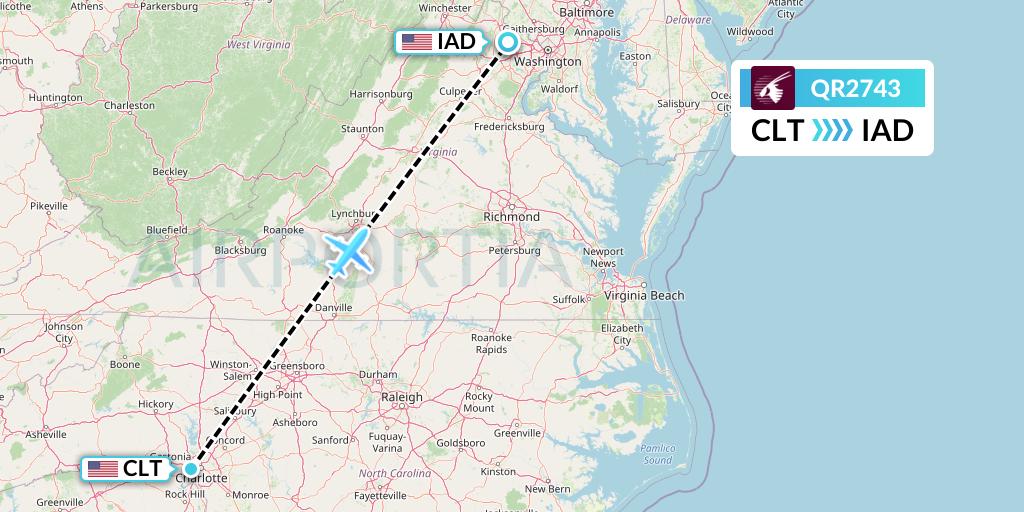 QR2743 Qatar Airways Flight Map: Charlotte to Washington