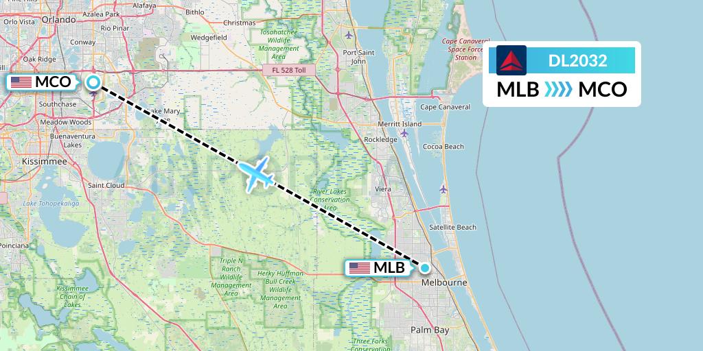 DL2032 Delta Air Lines Flight Map: Melbourne to Orlando