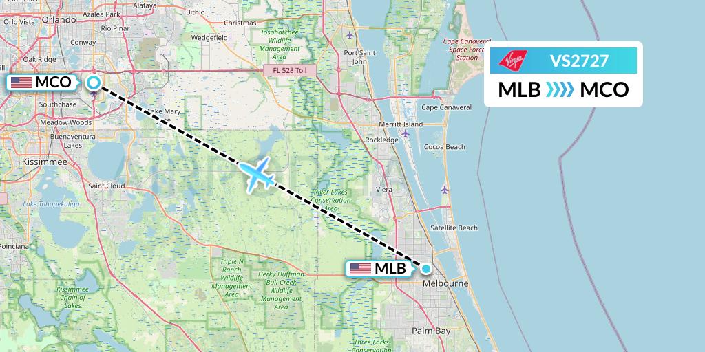 VS2727 Virgin Atlantic Airways Flight Map: Melbourne to Orlando