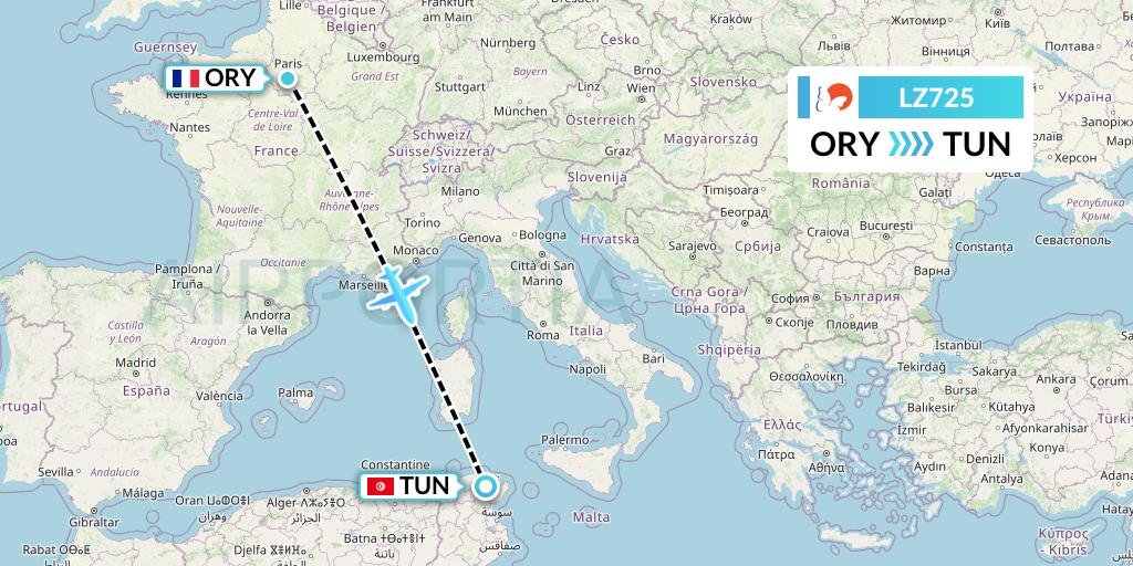 LZ725 Air Link Flight Map: Paris to Tunis