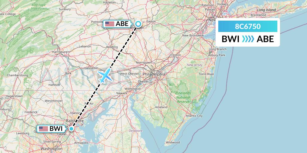 8C6750 Air Transport International Flight Map: Baltimore to Allentown