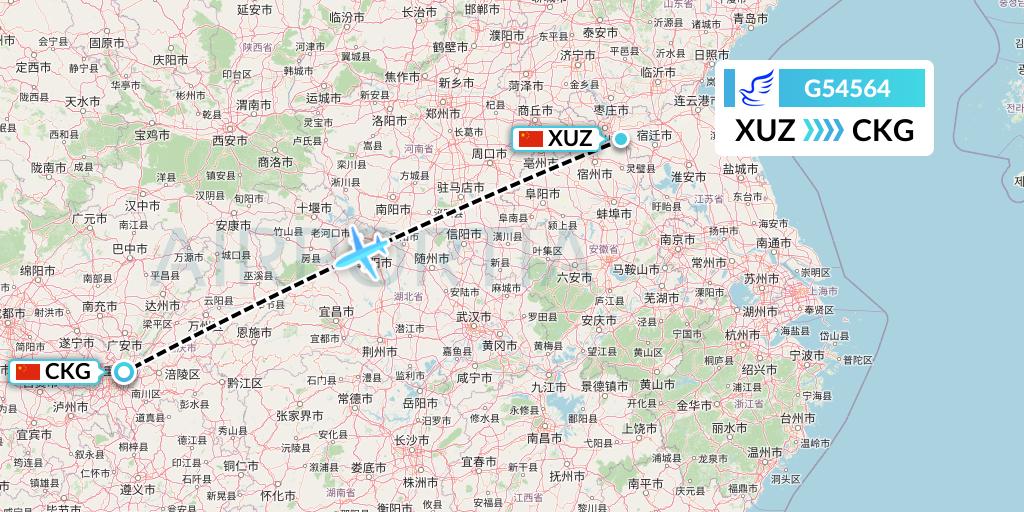 G54564 China Express Airlines Flight Map: Xuzhou to Chongqing