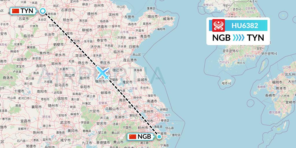 HU6382 Hainan Airlines Flight Map: Ningbo to Taiyuan