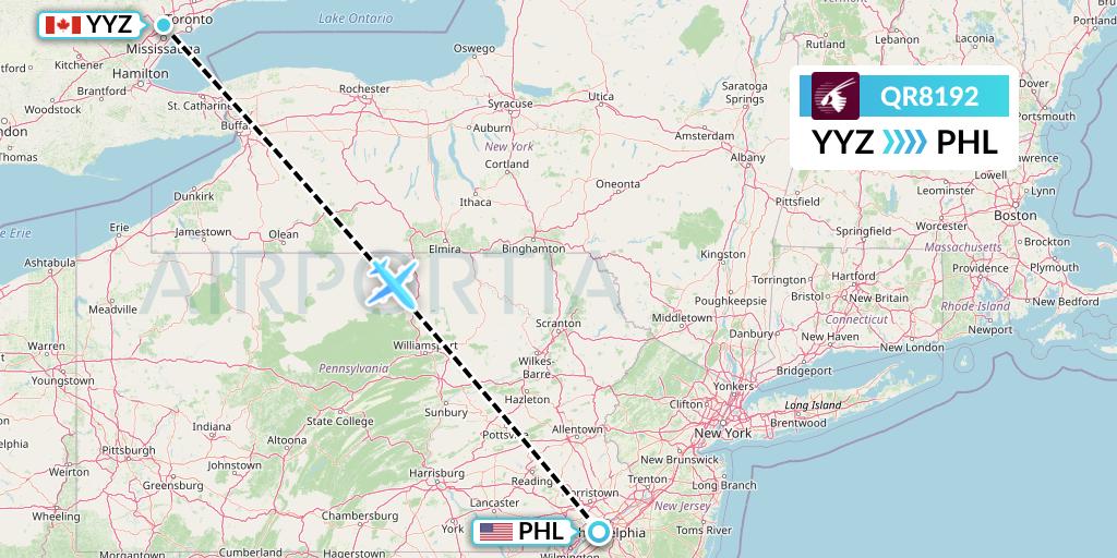 QR8192 Qatar Airways Flight Map: Toronto to Philadelphia