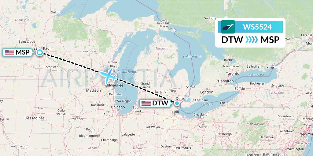 WS5524 WestJet Flight Map: Detroit to Minneapolis