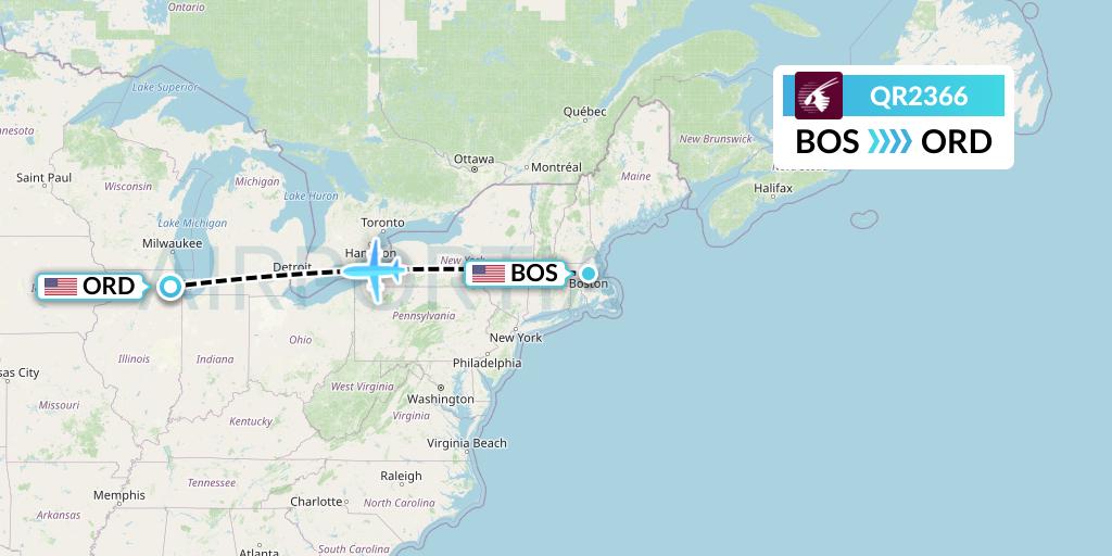 QR2366 Qatar Airways Flight Map: Boston to Chicago