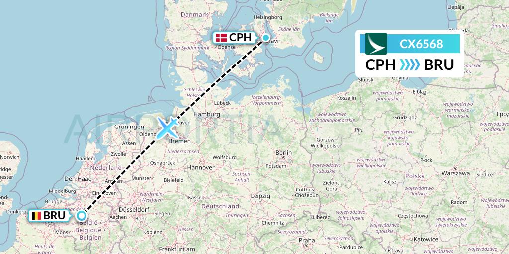 CX6568 Cathay Pacific Flight Map: Copenhagen to Brussels