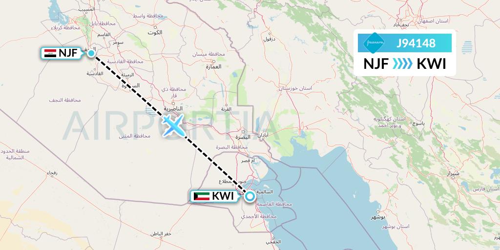 J94148 Jazeera Airways Flight Map: Najaf to Kuwait City