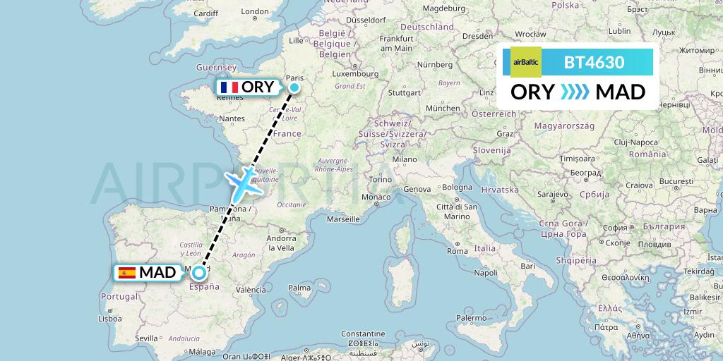 BT4630 Air Baltic Flight Map: Paris to Madrid