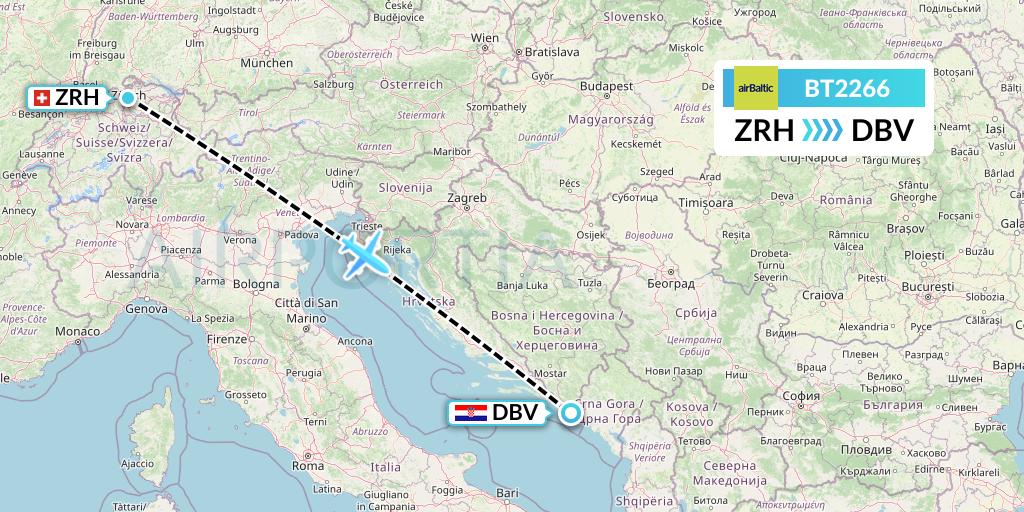 BT2266 Air Baltic Flight Map: Zurich to Dubrovnik