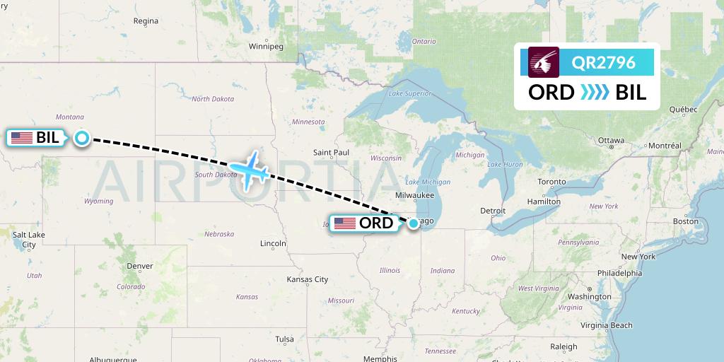 QR2796 Qatar Airways Flight Map: Chicago to Billings