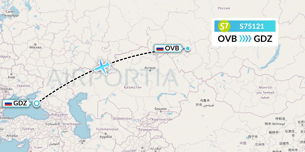 S75121 S7 Airlines Flight Map: Novosibirsk to Gelendzhik