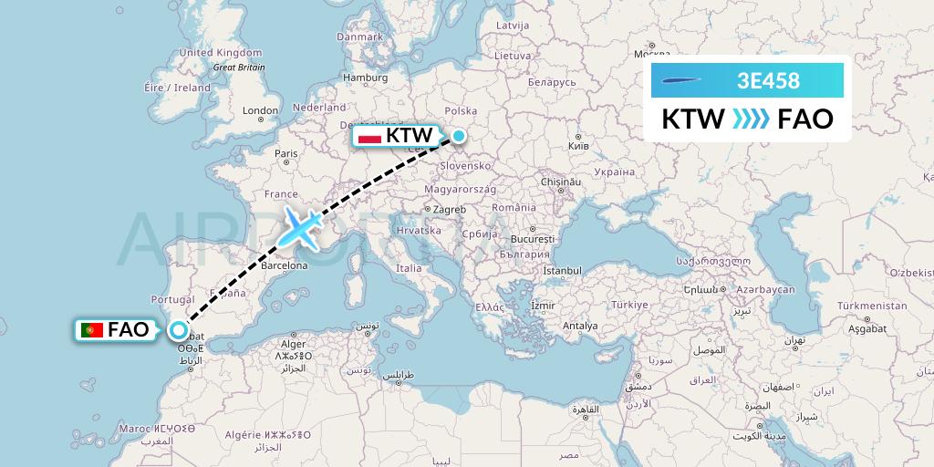 3E458 Air Choice One Flight Map: Katowice to Faro