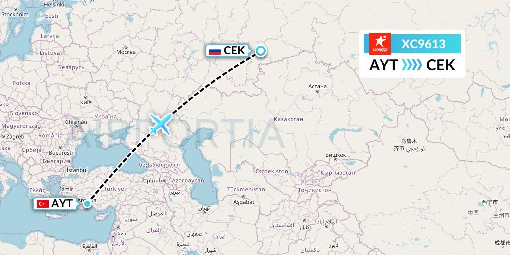 XC9613 Corendon Airlines Flight Map: Antalya to Chelyabinsk