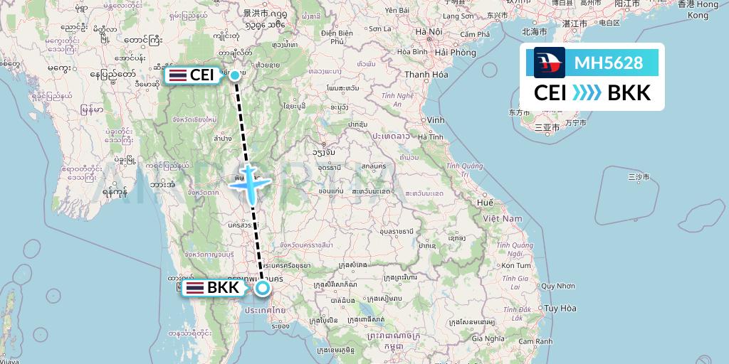 MH5628 Malaysia Airlines Flight Map: Chiang Rai to Bangkok