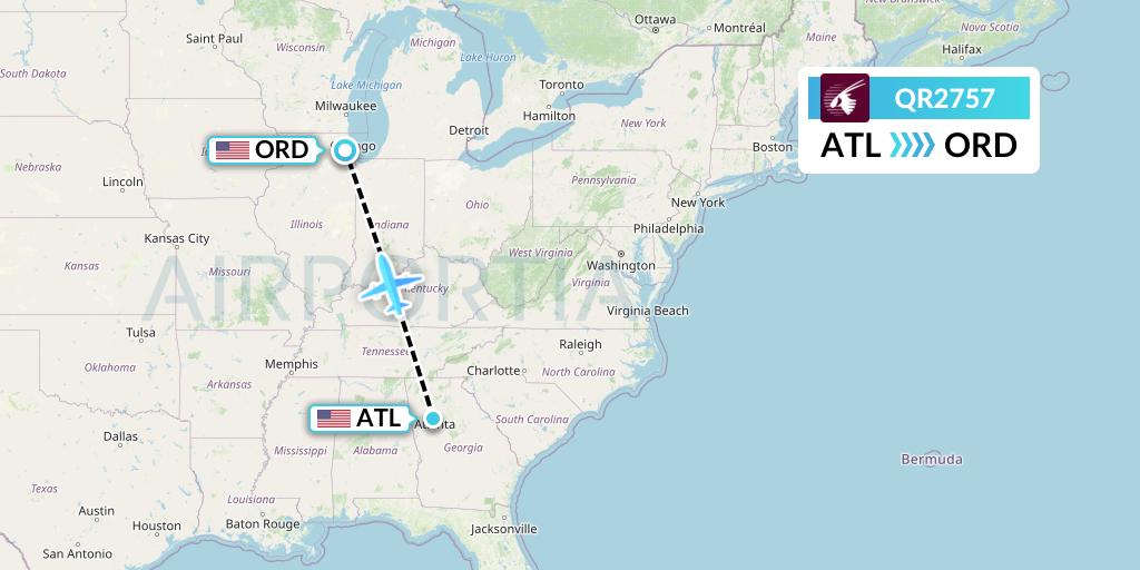 QR2757 Qatar Airways Flight Map: Atlanta to Chicago