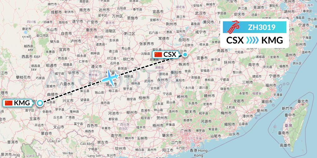 ZH3019 Shenzhen Airlines Flight Map: Changsha to Kunming