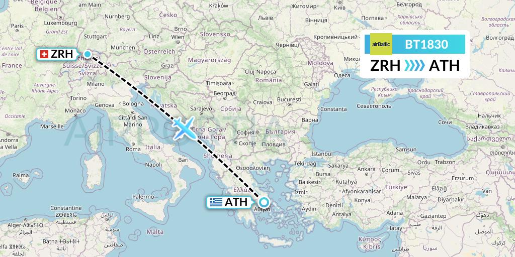 BT1830 Air Baltic Flight Map: Zurich to Athens