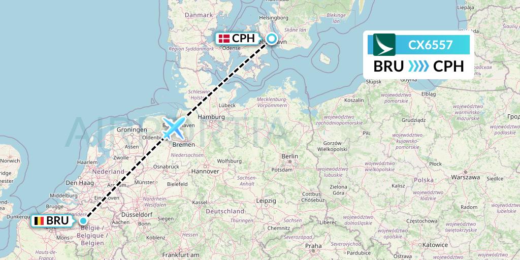 CX6557 Cathay Pacific Flight Map: Brussels to Copenhagen