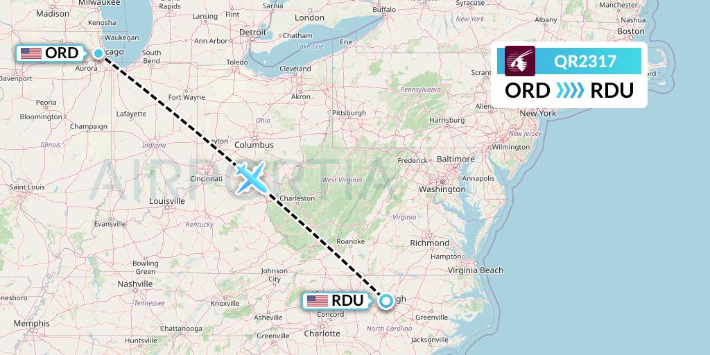 QR2317 Qatar Airways Flight Map: Chicago to Raleigh-Durham