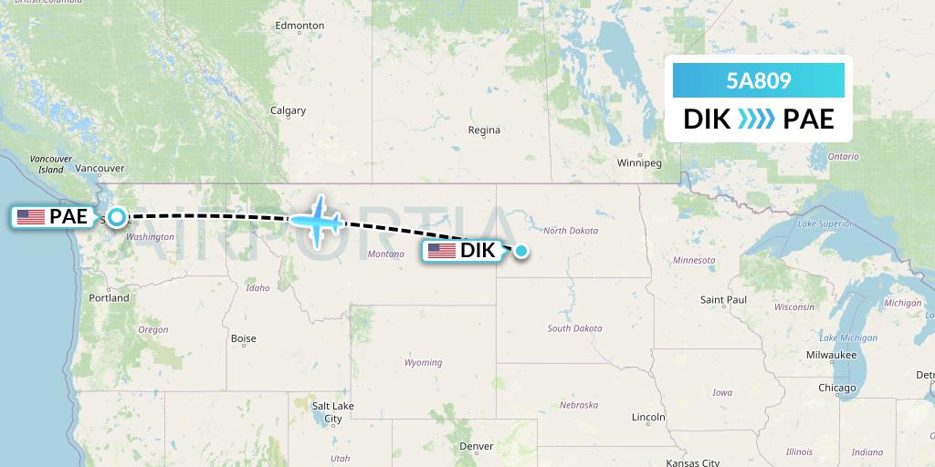 5A809 Alpine Air Express Flight Map: Dickinson to Everett