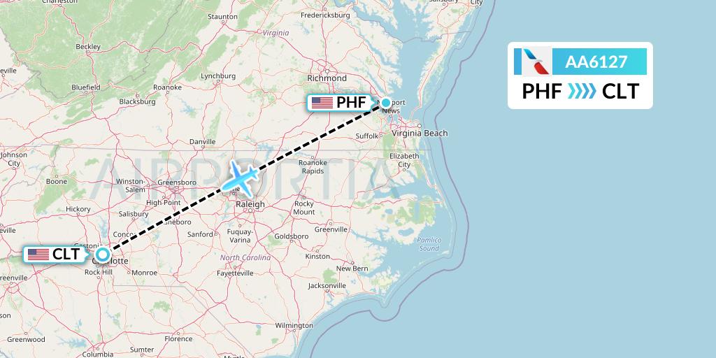 AA6127 American Airlines Flight Map: Newport News to Charlotte