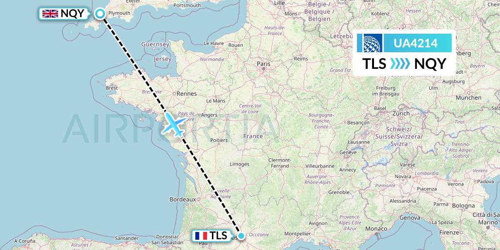 UA4214 United Airlines Flight Map: Toulouse to Newquay