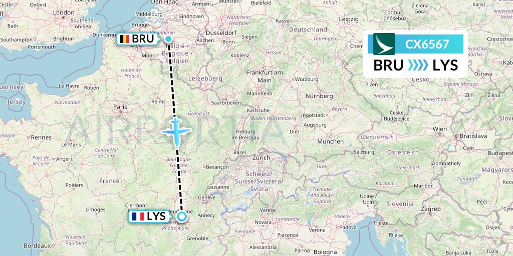 CX6567 Cathay Pacific Flight Map: Brussels to Lyon