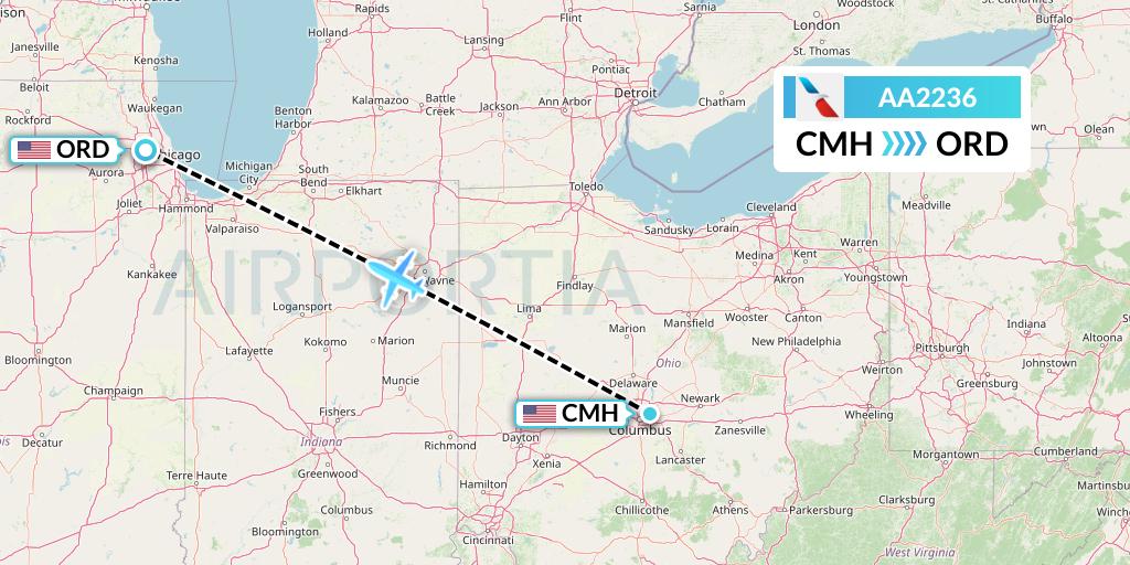AA2236 American Airlines Flight Map: Columbus to Chicago