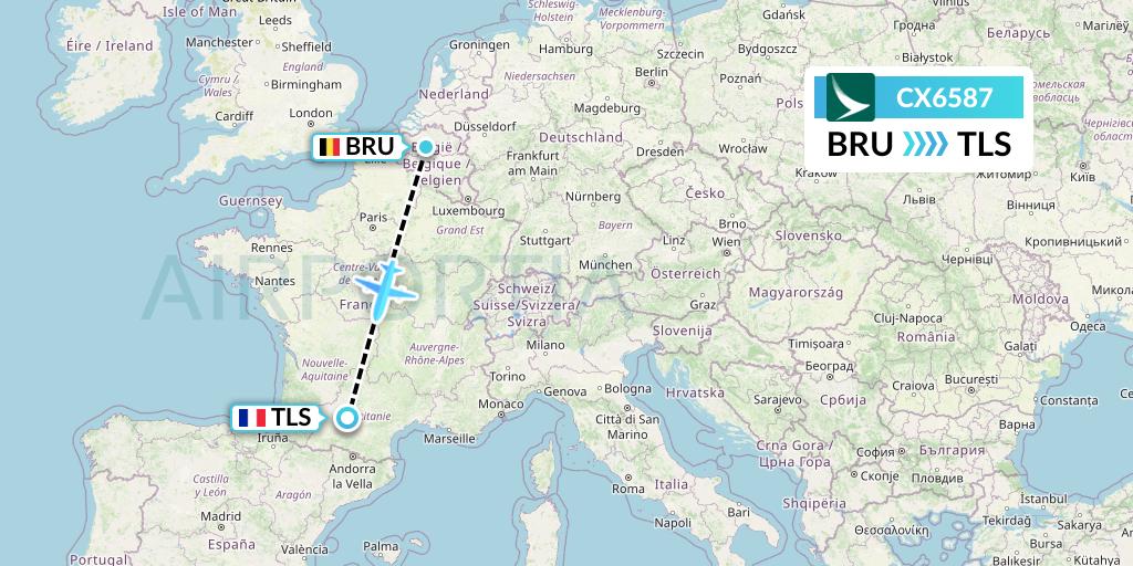 CX6587 Cathay Pacific Flight Map: Brussels to Toulouse