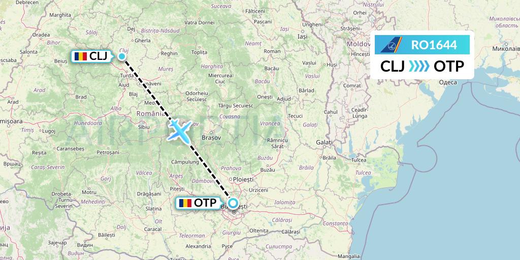 RO1644 Tarom Flight Map: Cluj-Napoca to Bucharest