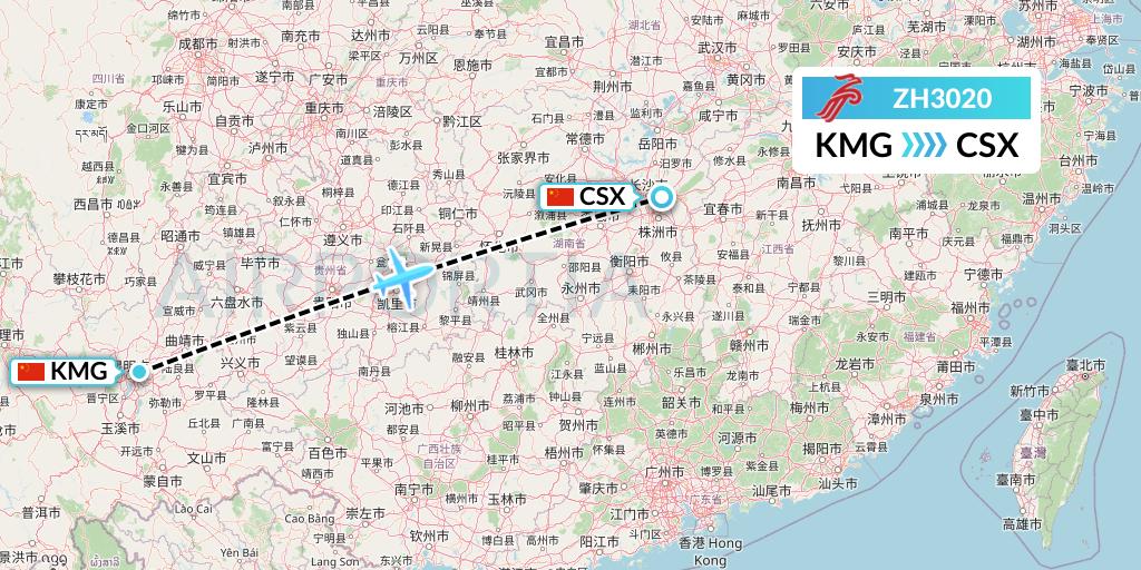 ZH3020 Shenzhen Airlines Flight Map: Kunming to Changsha