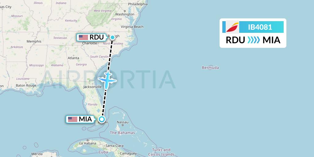 IB4081 Iberia Flight Map: Raleigh-Durham to Miami