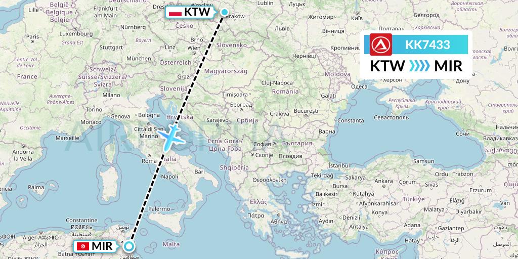 KK7433 Atlasjet Flight Map: Katowice to Monastir