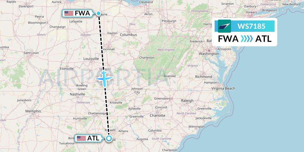 WS7185 WestJet Flight Map: Fort Wayne to Atlanta