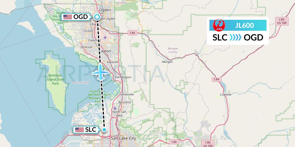 JL600 Japan Airlines Flight Map: Salt Lake City to Ogden