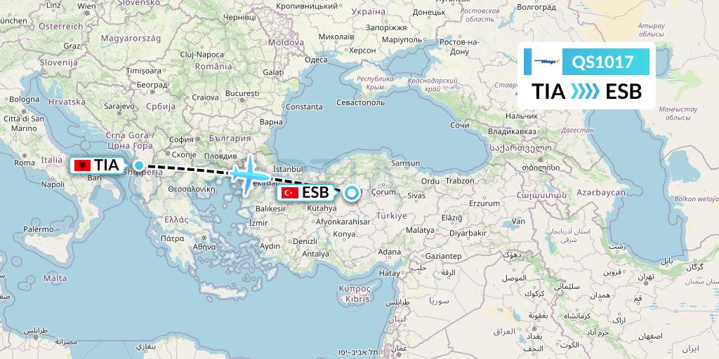 QS1017 Smartwings Flight Map: Tirana to Ankara